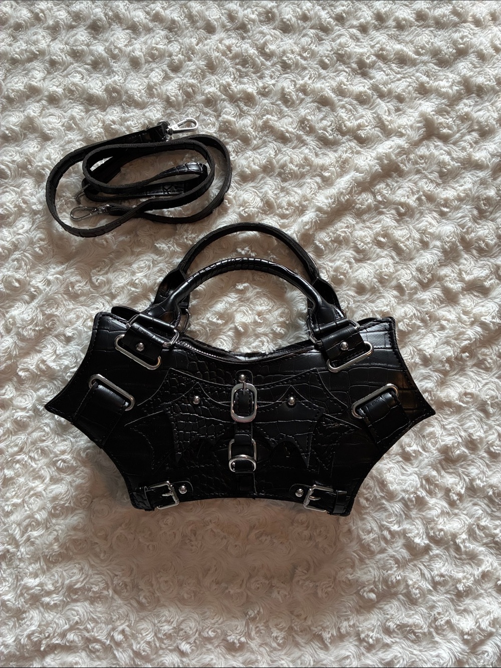 Black Croc-Embossed Buckle Accent Handbag - Women